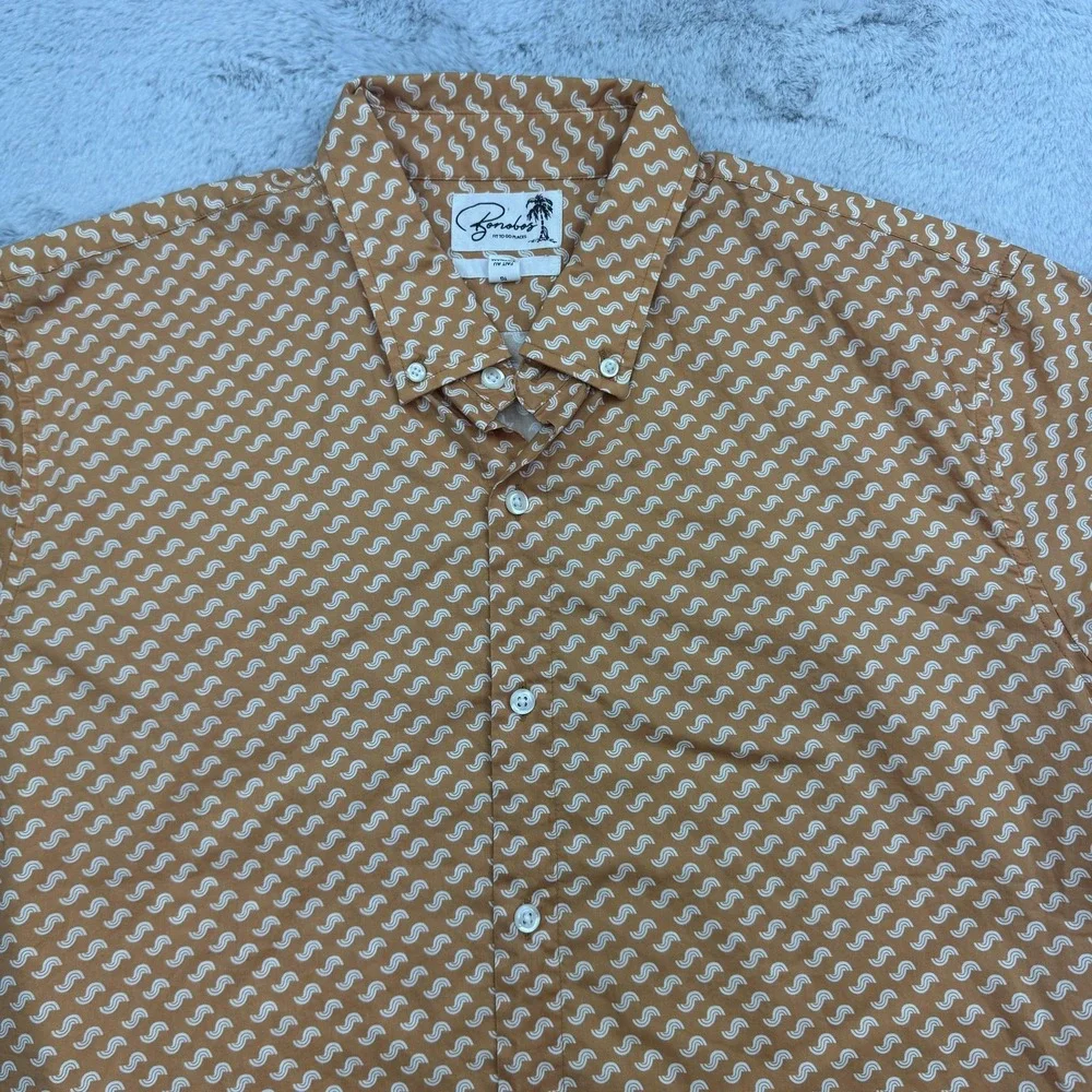 Bonobos Shirt Mens XL Brown White Wave Print Short Sleeve Button Down Slim Fit